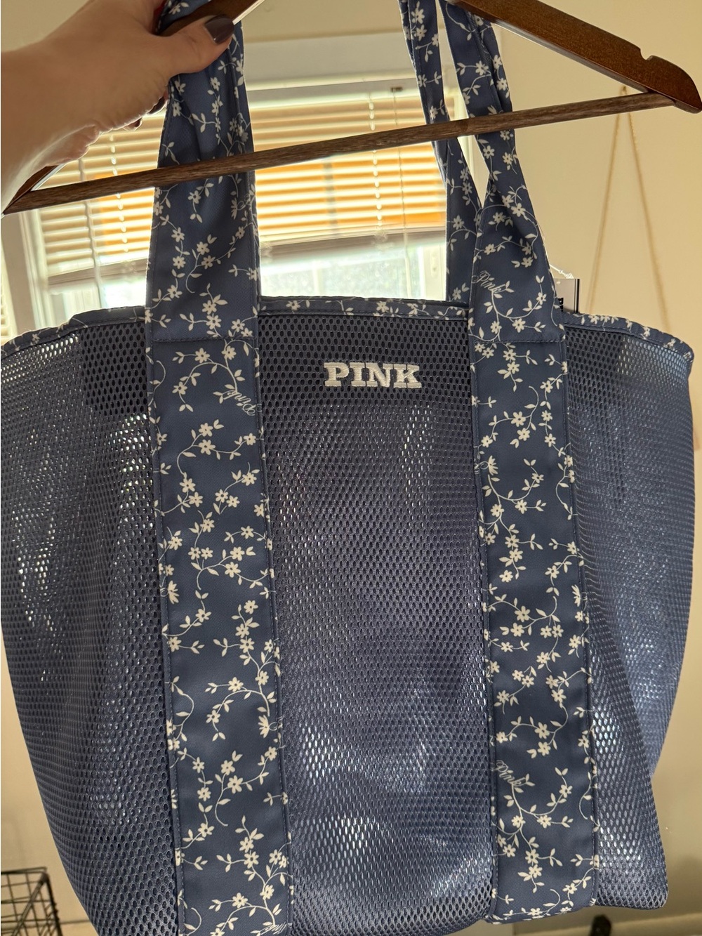 PINK Victoria's Secret Navy Mesh Tote with White Floral Straps